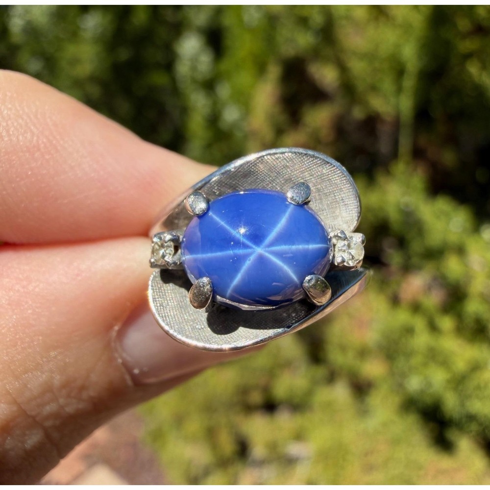 Vintage 14k Solid White Gold Blue Star Sapphire & Diamond Ring - Round - Picture 1 of 9